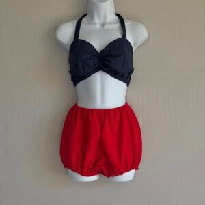 SANFORIZED Rare 60s Pinup 2pc Bikini Bloomer Set Red/Navy Halter Top M/L
